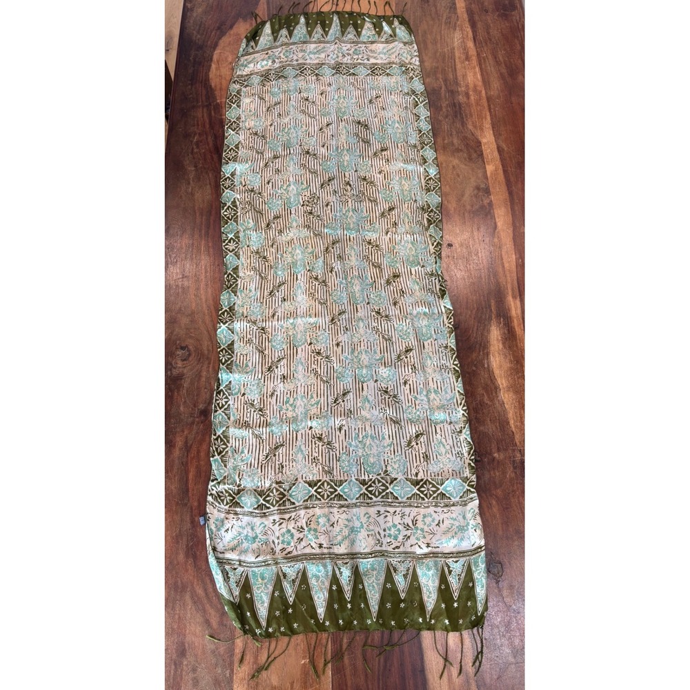 Womens' handmade silk scarf in Indonesia geometric patterns fringe 64" x 24"